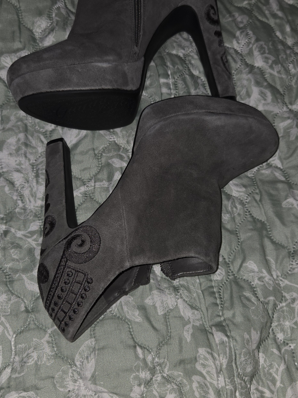 Gianni Bini Gray Suede Platform Ankle Booties with Embroidered Heel